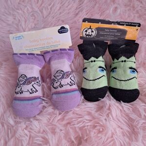 2 Pair Angel Of Mine Booties Socks - Purple Unicorn & Green Frankenstien Nwt
